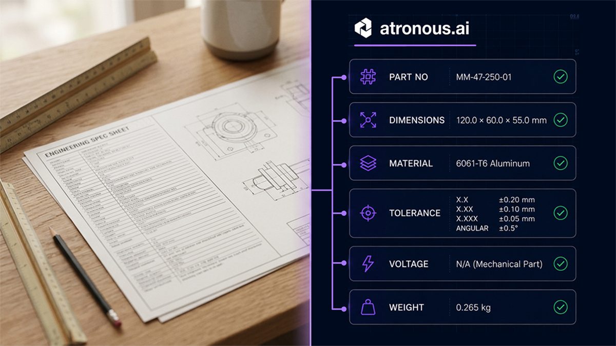 An engineering spec sheet on a desk beside the same part shown to an AI agent as validated attributes: part number, dimensions, material, tolerance, voltage, and weight.