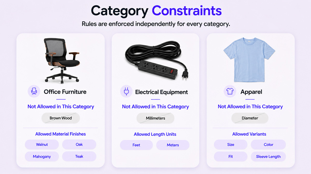 Three category cards showing rules enforced independently for each: office furniture rejects brown wood and allows walnut, oak, mahogany, and teak; electrical equipment rejects millimeters and allows feet and meters; apparel rejects diameter and allows size, color, fit, and sleeve length.