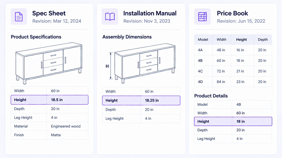 Un atributo leído de una ficha técnica, un manual de instalación y una lista de precios, que devuelve tres valores distintos con tres fechas de revisión distintas.