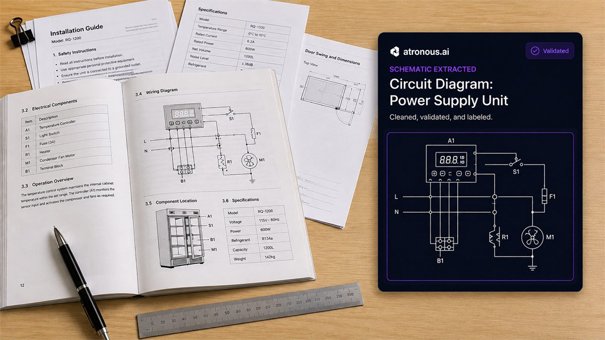 Cluttered installation guides and spec sheets on a desk beside the same wiring diagram extracted as a clean, validated circuit schematic in atronous
