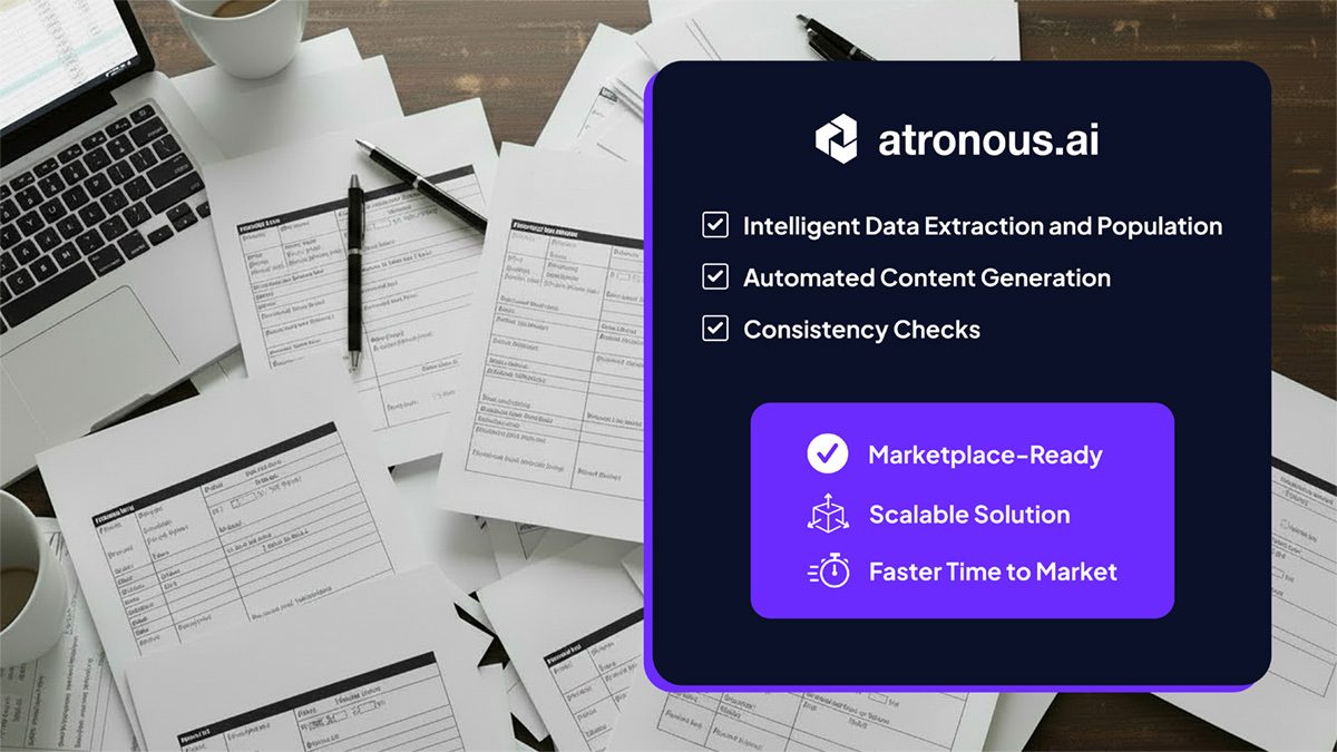 Blank product data templates scattered across a desk beside an automated checklist of data extraction, content generation, and consistency checks.