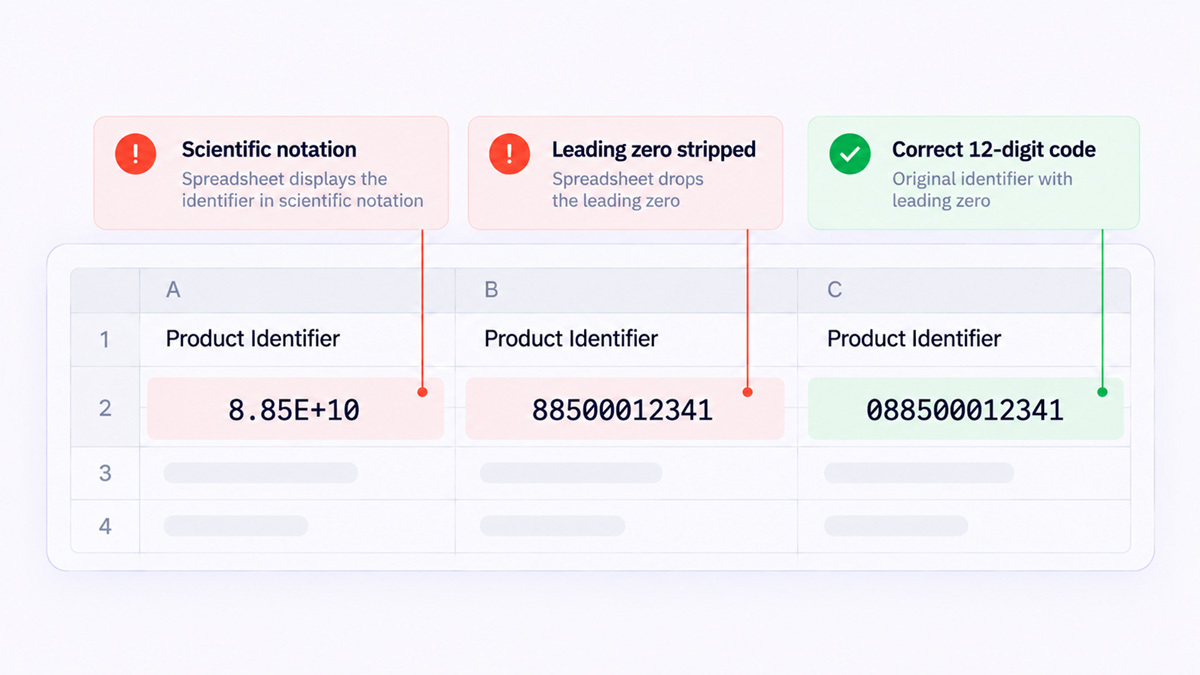 Un mismo identificador de producto mostrado como el código correcto de doce dígitos, sin su cero inicial y en notación científica.