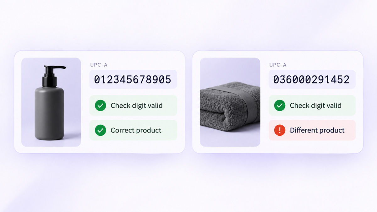 Dos números de código de barras que superan ambos la validación del dígito verificador, uno de ellos perteneciente a un producto completamente distinto.