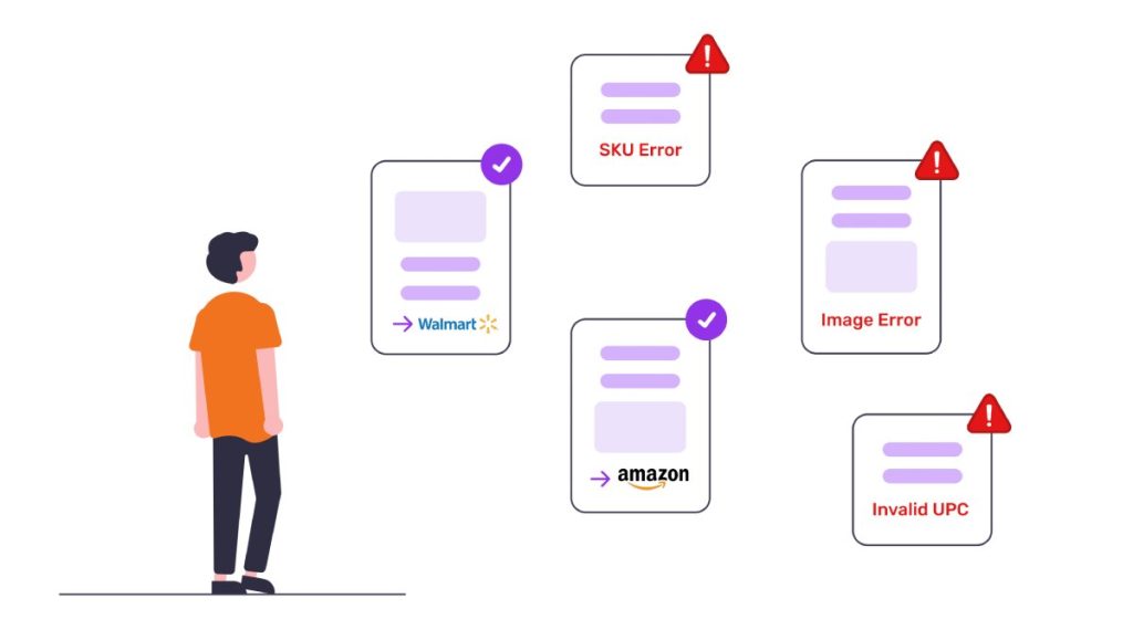 Person looking at a wall of various marketplace messages, including errors
