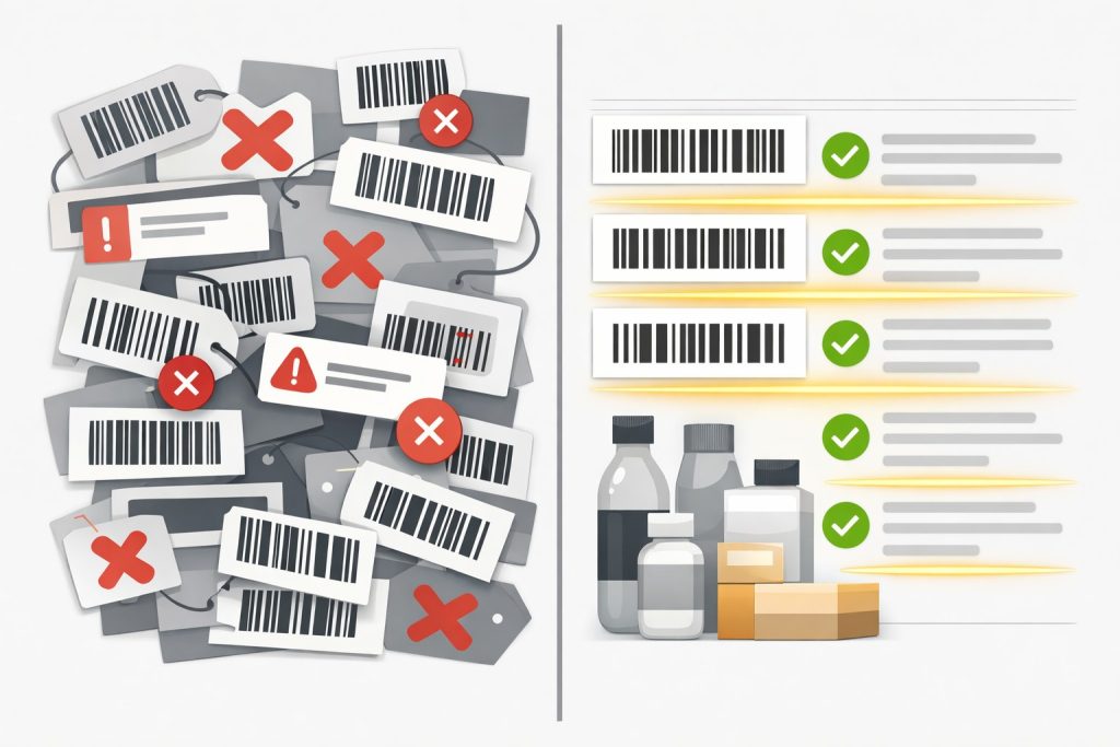 Messy barcodes and product tags on left; structured barcodes and information on right